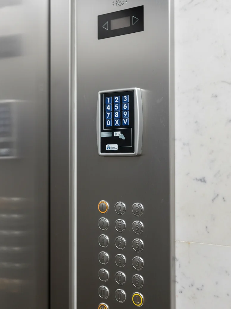Thopp Code integrado à coluna da botoeira de um elevador, acima dos botões de andar, em cabine de aço inox
