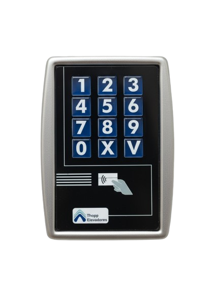 Thopp Code: teclado numérico com teclas de 0 a 9, X e V, e área de leitura da tag de aproximação